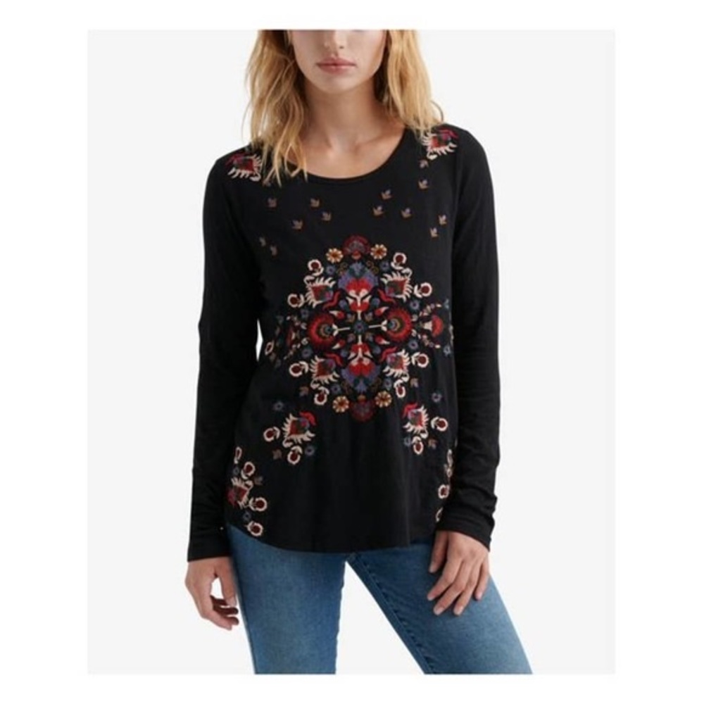 Lucky Brand NWT Embroidered western boho black long sleeve top size L